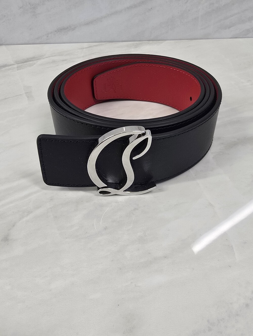 Christian Louboutin Black Leather Belt with Red Lining - Reversible